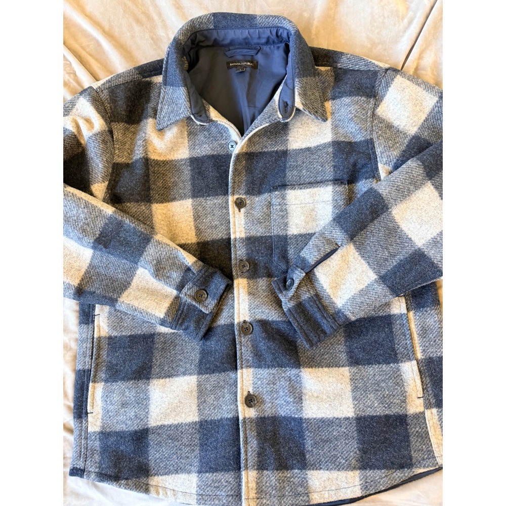 Banana Republic Mens Blue Grey Buffalo Plaid Shirt Jacket L Shacket 1795788